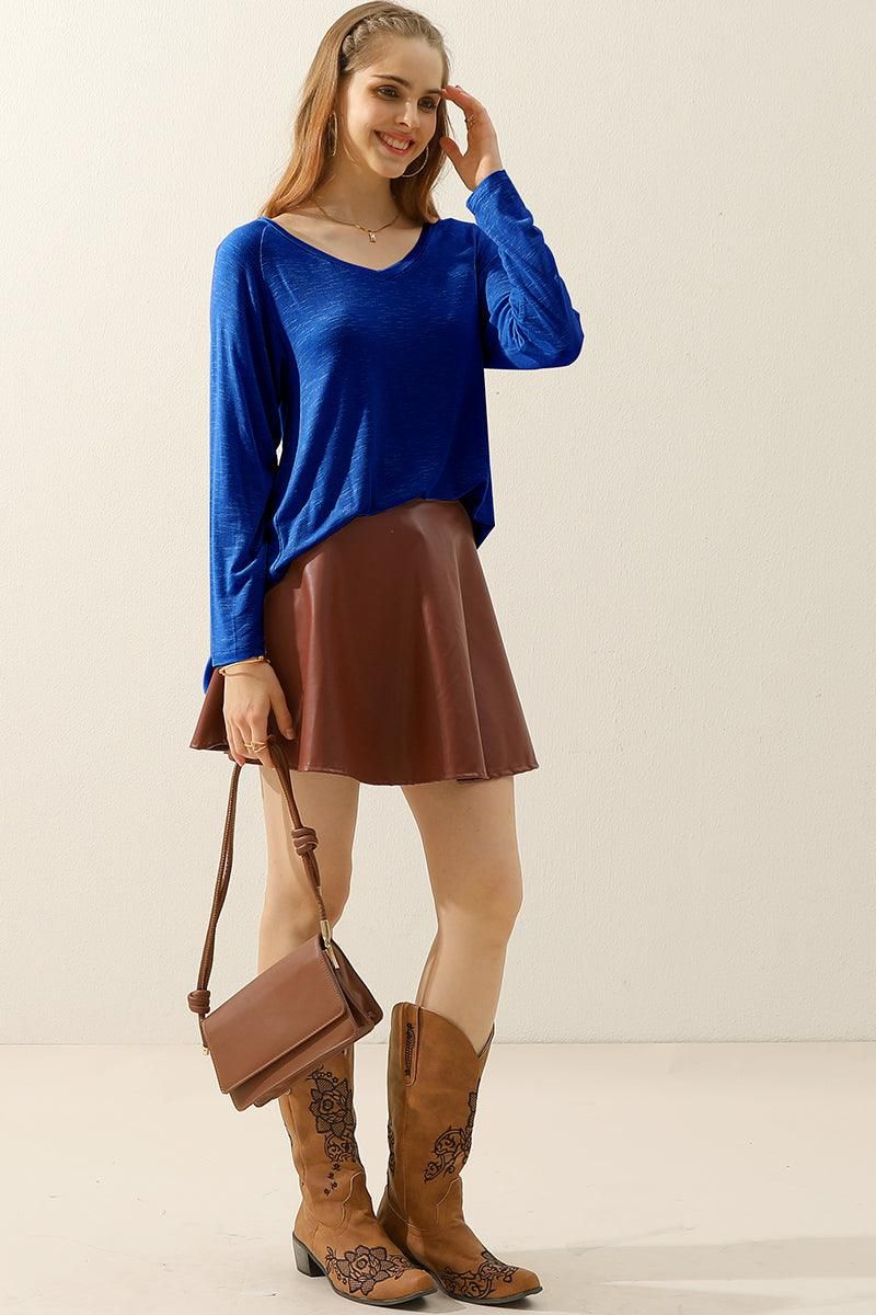 V NECK FLARE FLOUNCE LONG SLEEVE SLUB TUNIC TOP - Doublju