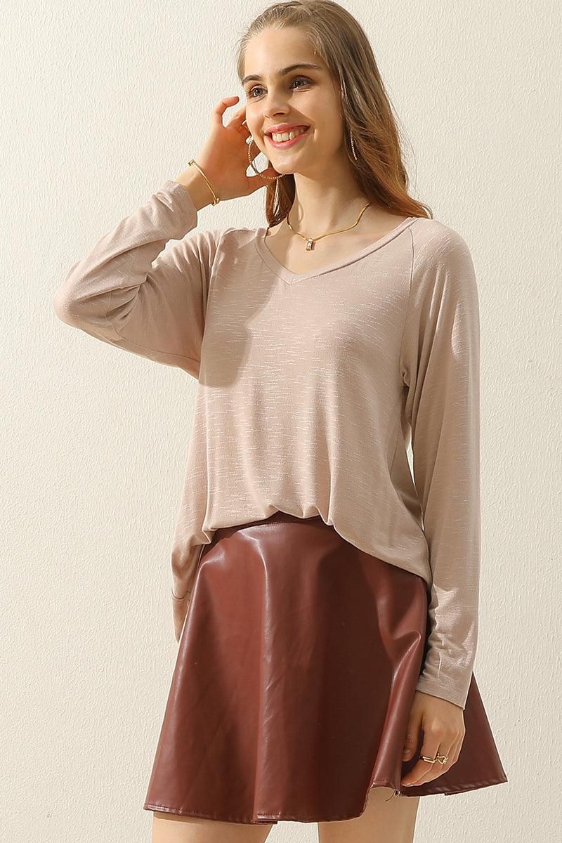 V NECK FLARE FLOUNCE LONG SLEEVE SLUB TUNIC TOP - Doublju