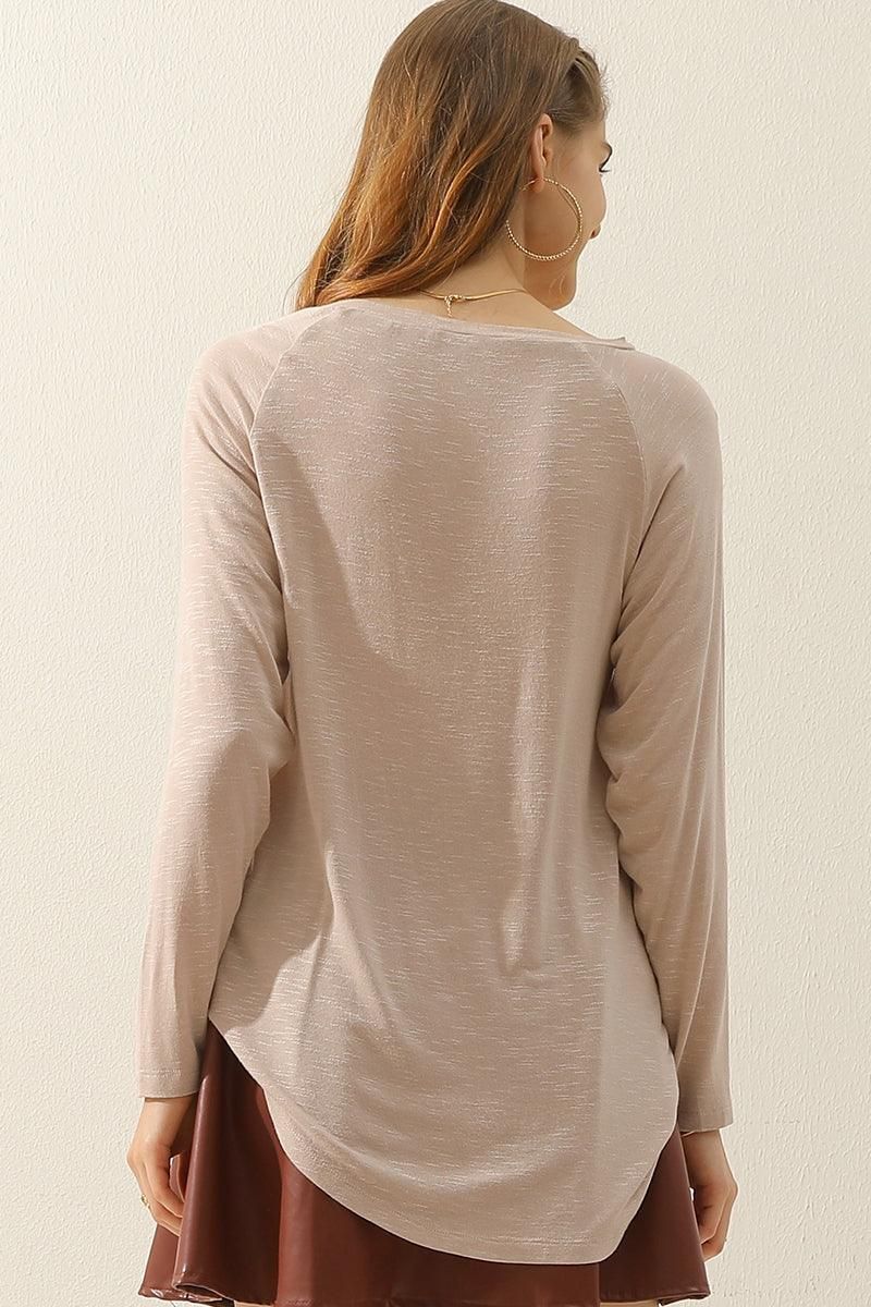 V NECK FLARE FLOUNCE LONG SLEEVE SLUB TUNIC TOP - Doublju