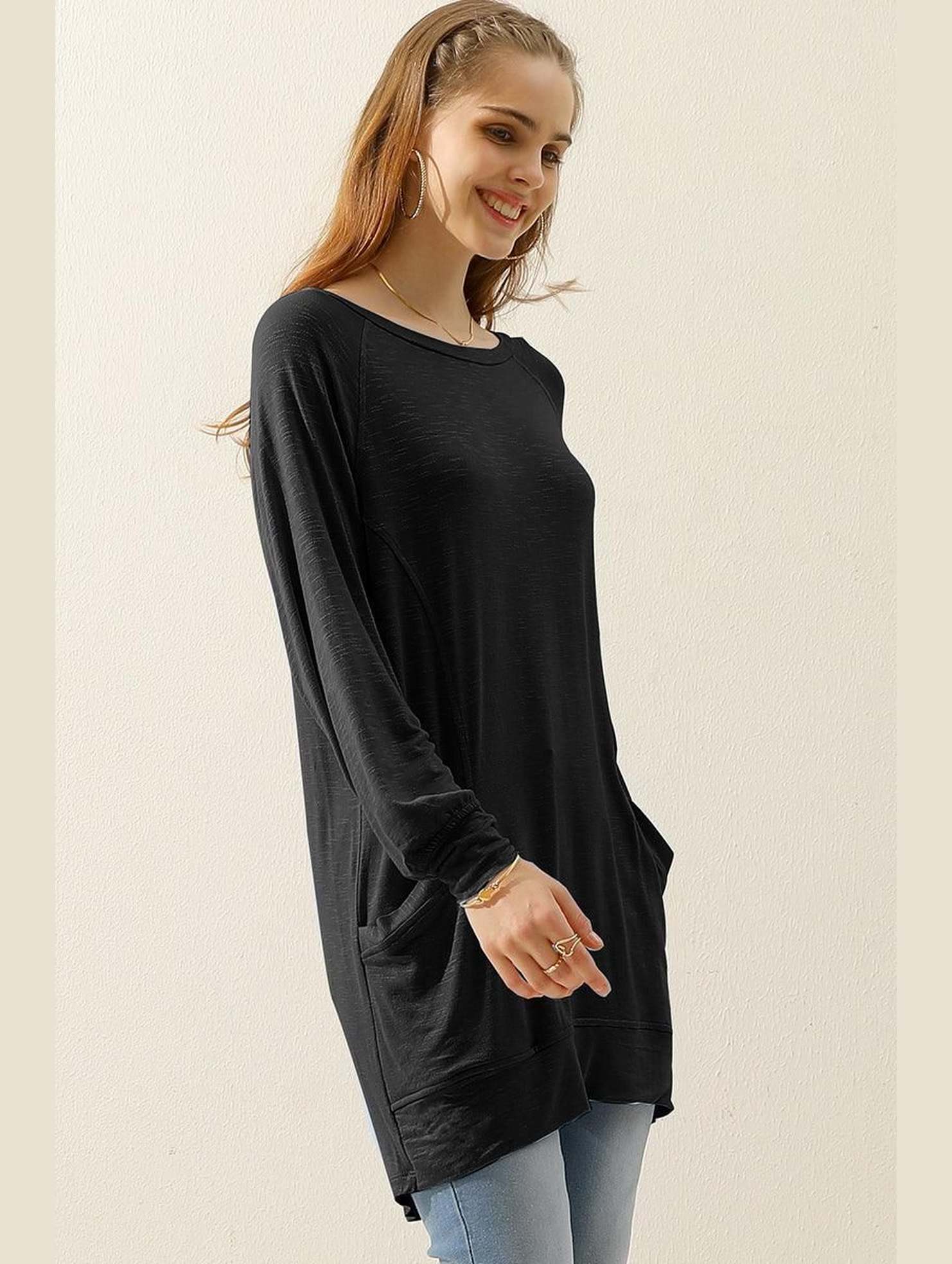 R NECK LONG SLEEVE SLUB LONG KNIT TOP WITH POCKETS - Doublju