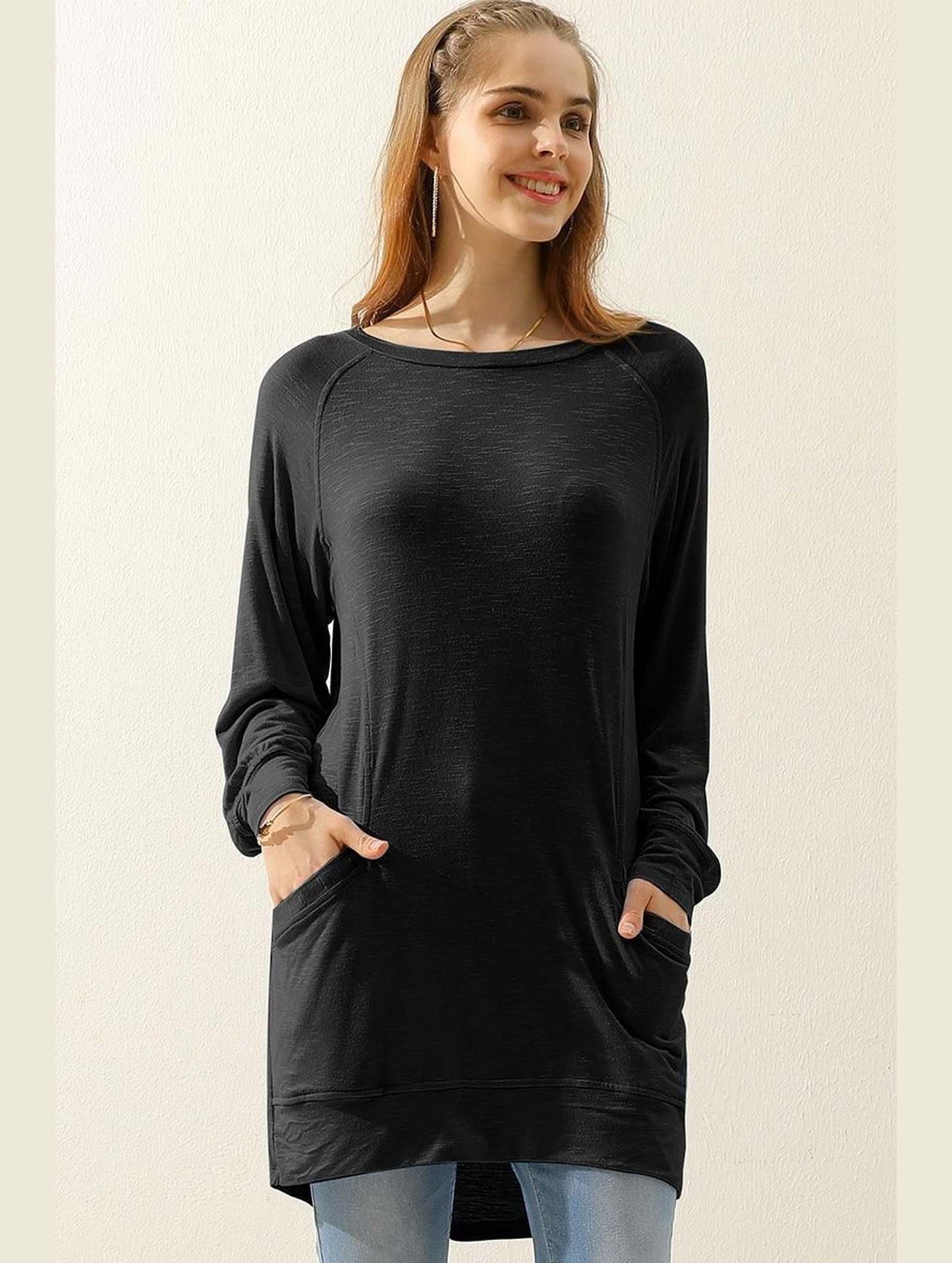 R NECK LONG SLEEVE SLUB LONG KNIT TOP WITH POCKETS - Doublju