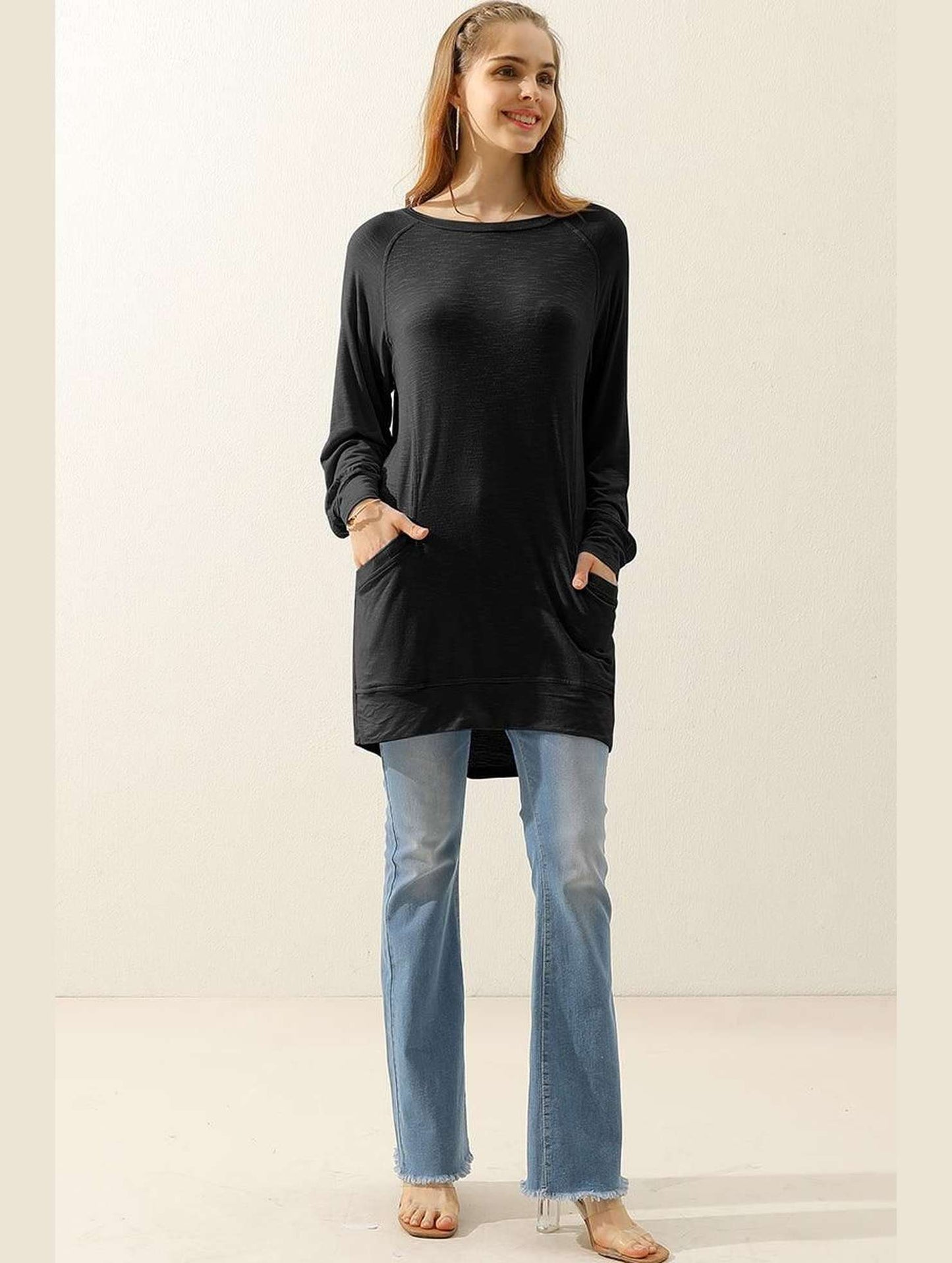 R NECK LONG SLEEVE SLUB LONG KNIT TOP WITH POCKETS - Doublju