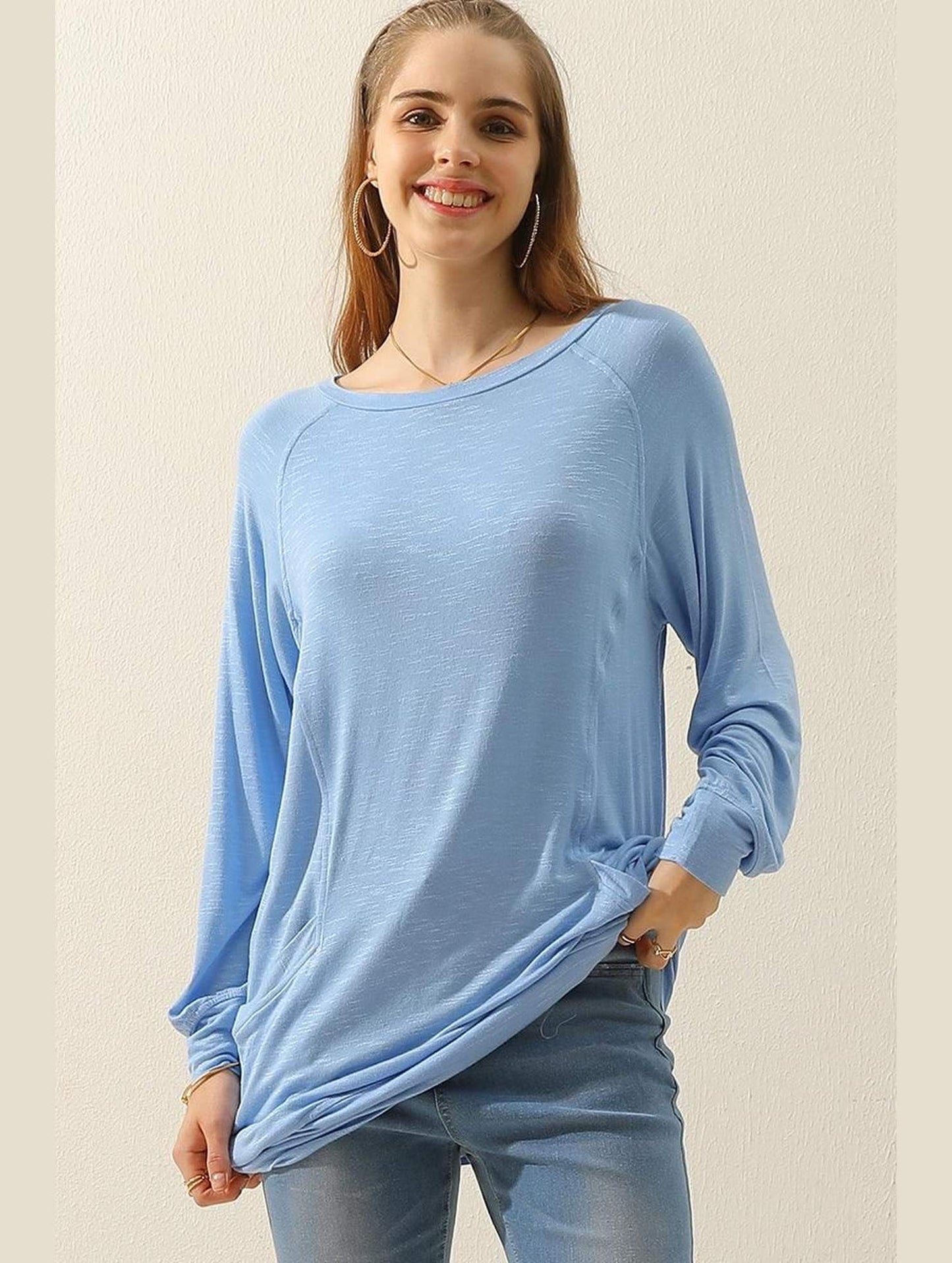R NECK LONG SLEEVE SLUB LONG KNIT TOP WITH POCKETS - Doublju