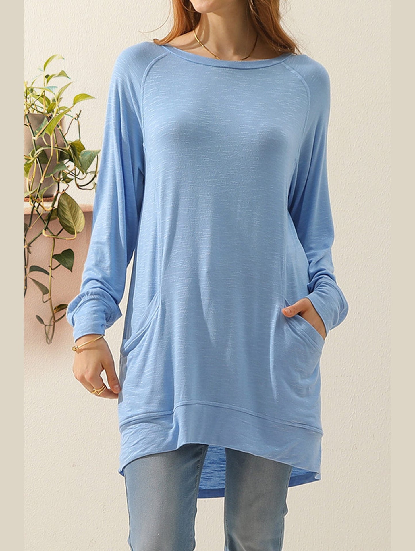R NECK LONG SLEEVE SLUB LONG KNIT TOP WITH POCKETS