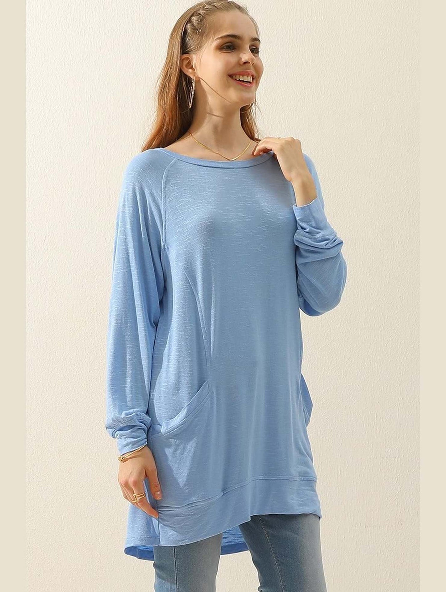 R NECK LONG SLEEVE SLUB LONG KNIT TOP WITH POCKETS - Doublju