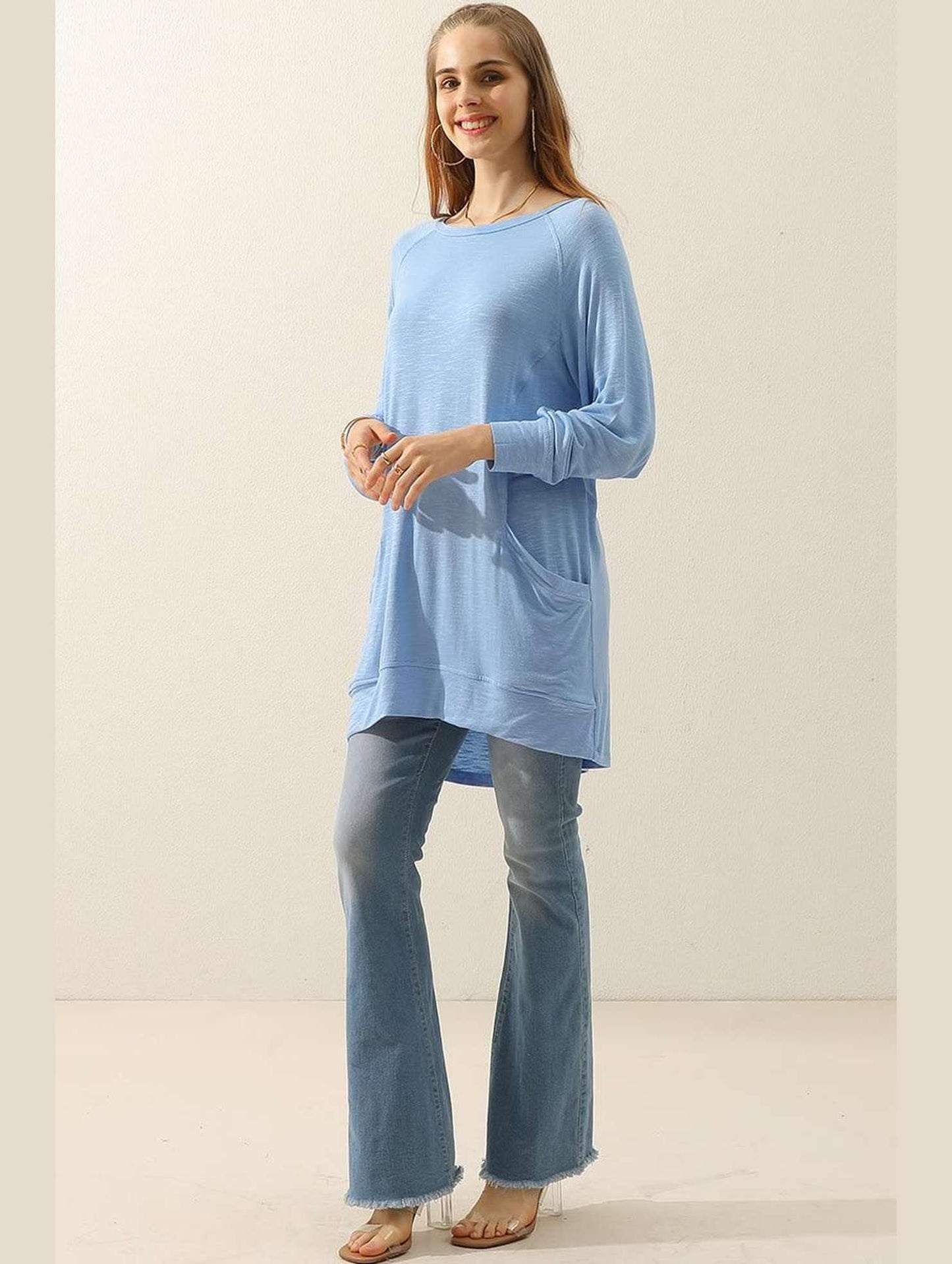 R NECK LONG SLEEVE SLUB LONG KNIT TOP WITH POCKETS - Doublju