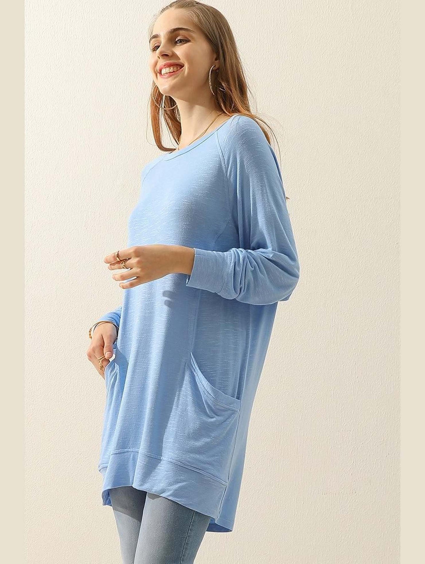 R NECK LONG SLEEVE SLUB LONG KNIT TOP WITH POCKETS - Doublju