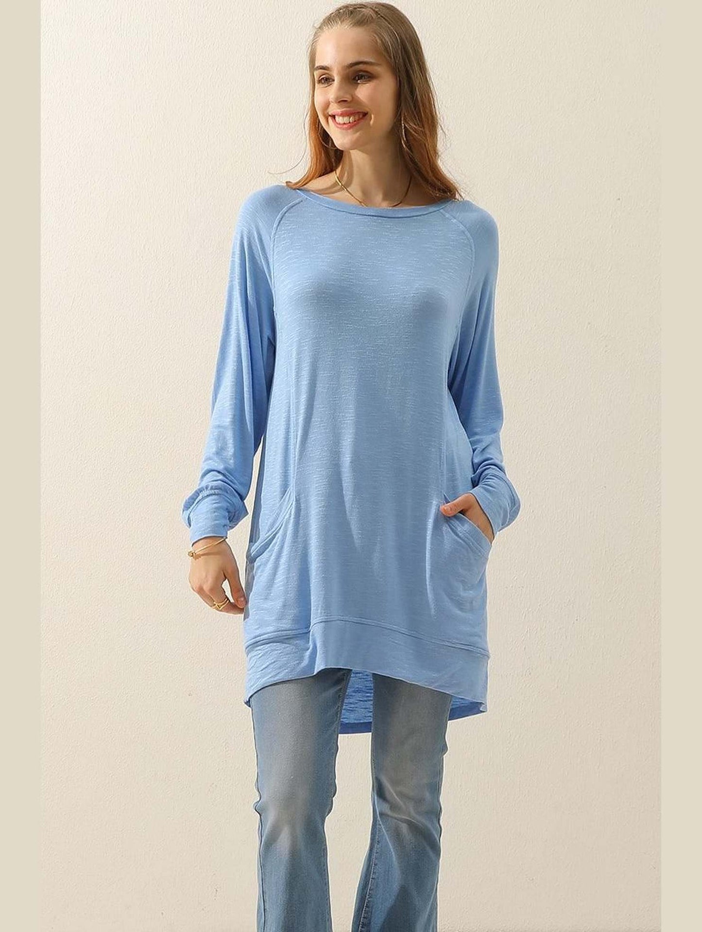 R NECK LONG SLEEVE SLUB LONG KNIT TOP WITH POCKETS - Doublju