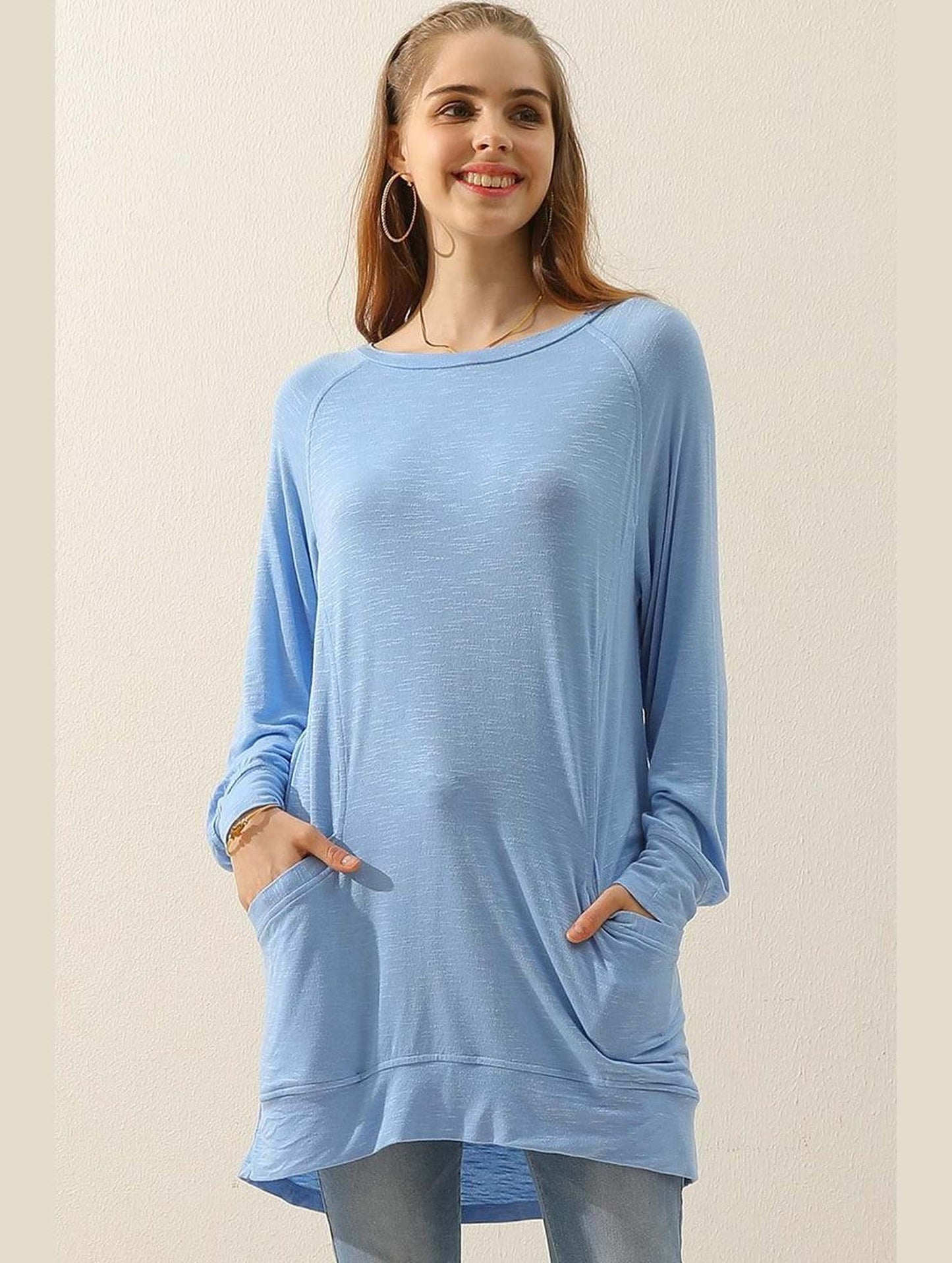 R NECK LONG SLEEVE SLUB LONG KNIT TOP WITH POCKETS - Doublju