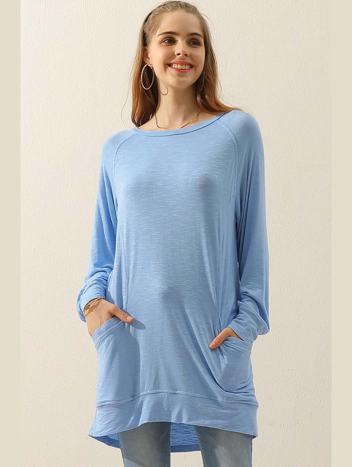R NECK LONG SLEEVE SLUB LONG KNIT TOP WITH POCKETS - Doublju