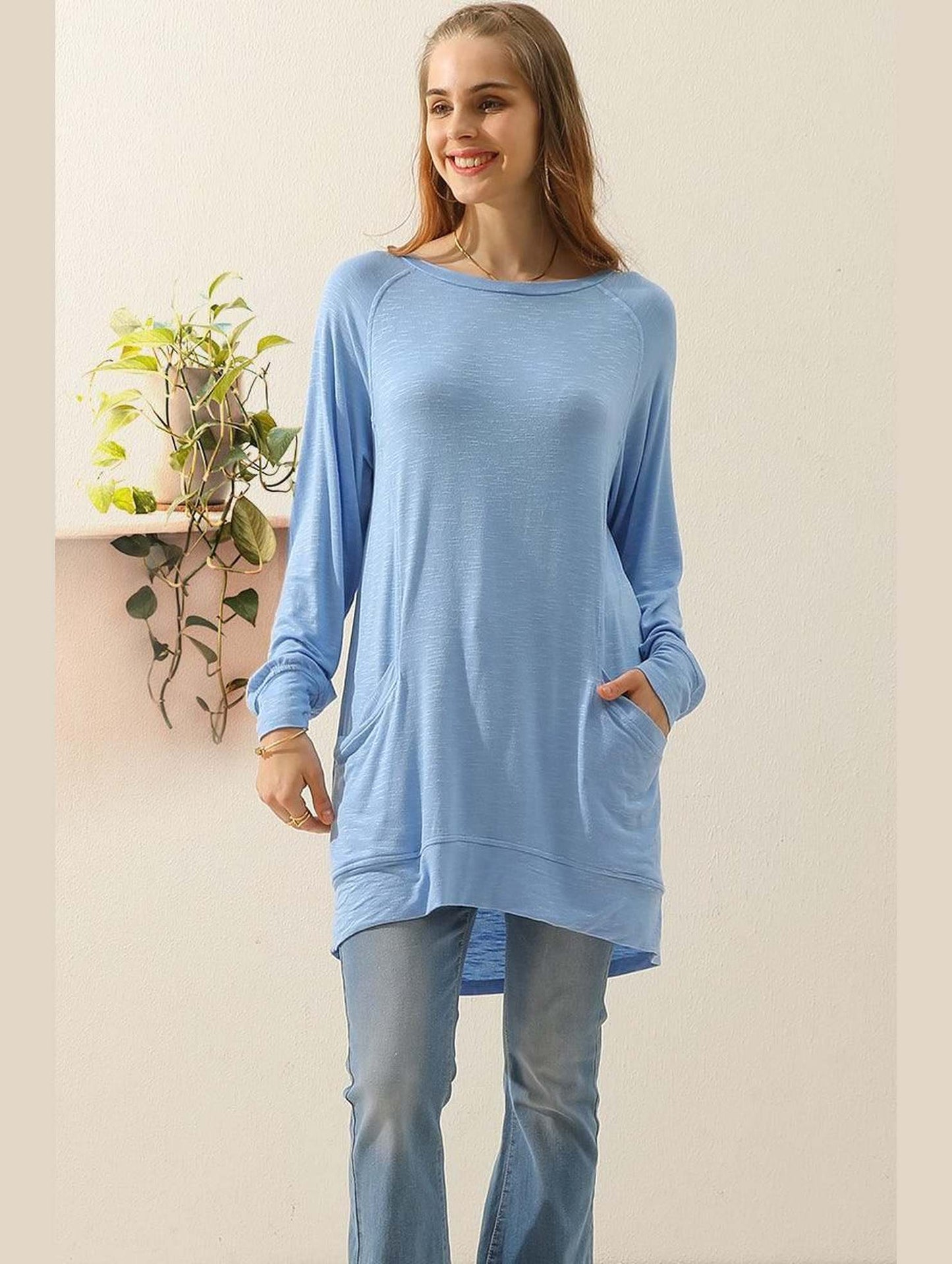 R NECK LONG SLEEVE SLUB LONG KNIT TOP WITH POCKETS - Doublju