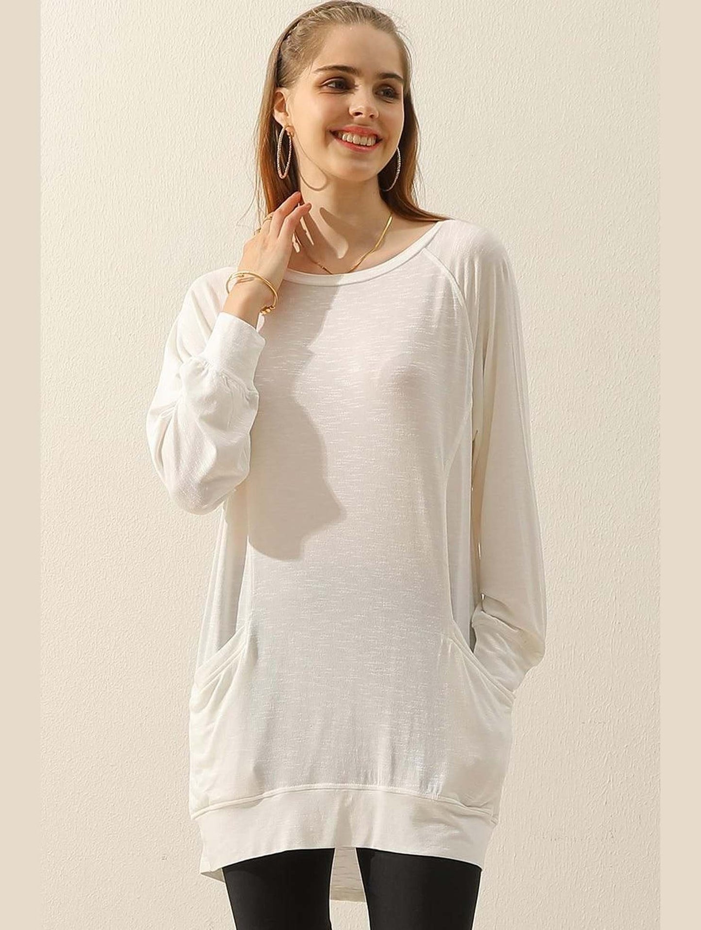 R NECK LONG SLEEVE SLUB LONG KNIT TOP WITH POCKETS - Doublju
