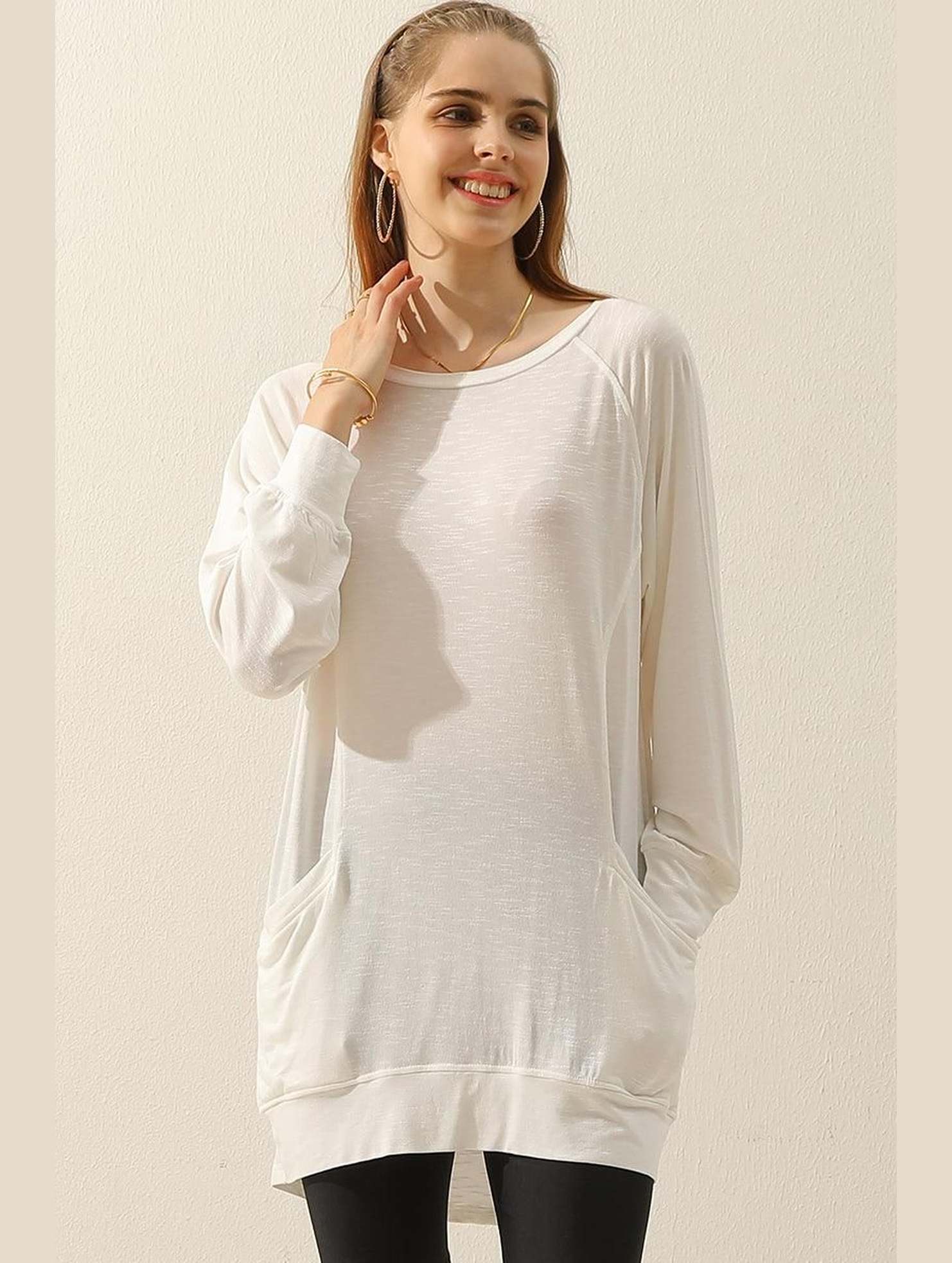 R NECK LONG SLEEVE SLUB LONG KNIT TOP WITH POCKETS - Doublju