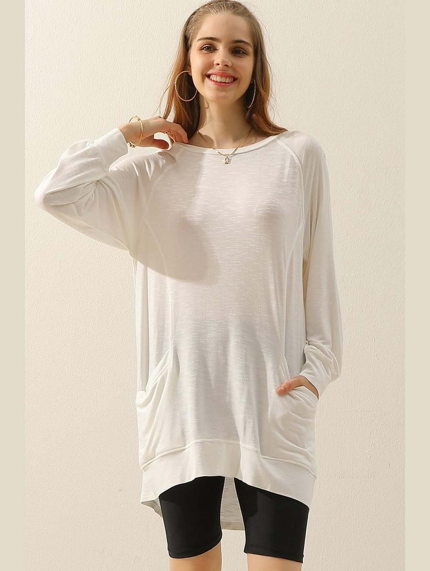 R NECK LONG SLEEVE SLUB LONG KNIT TOP WITH POCKETS - Doublju