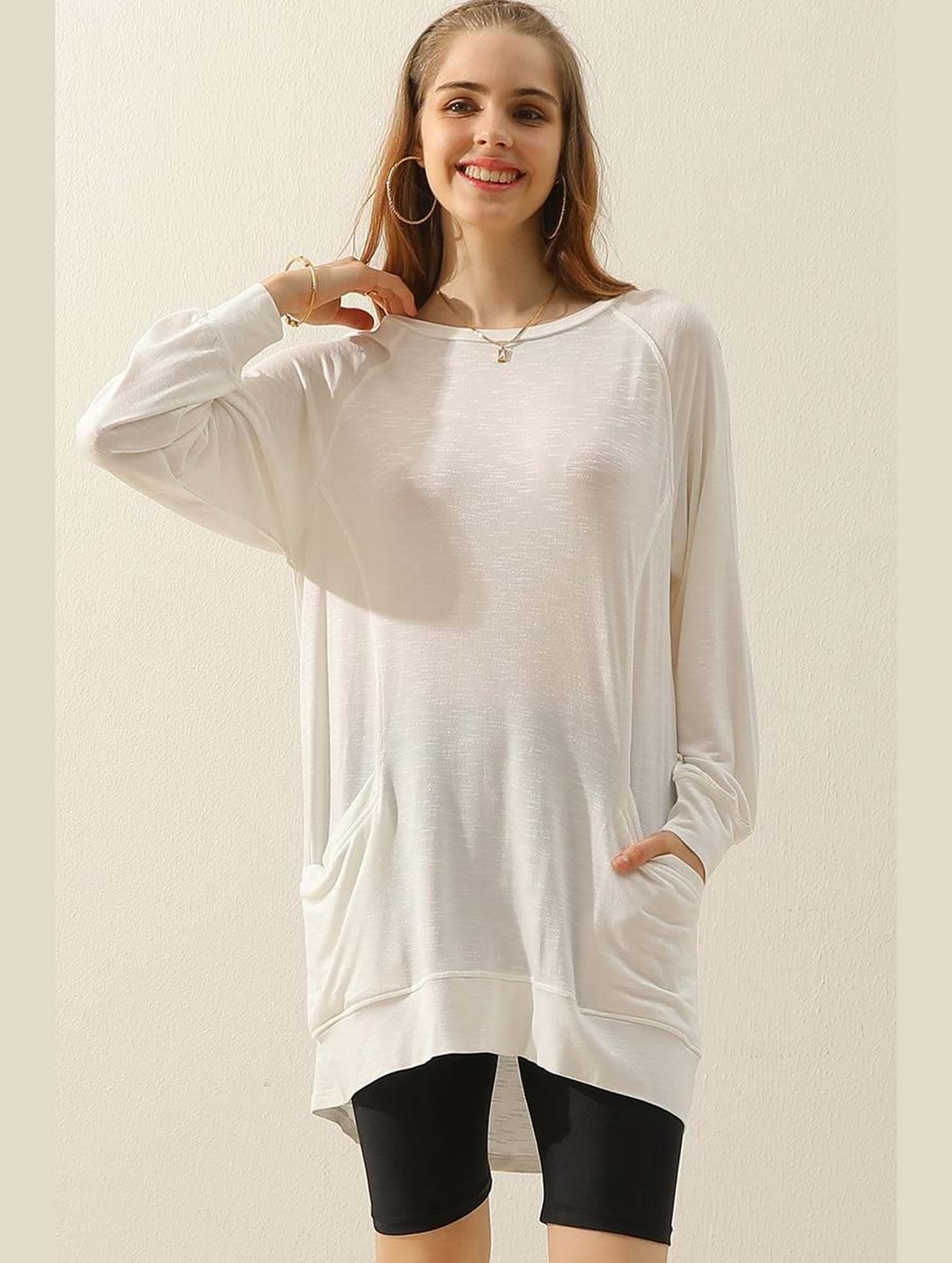 R NECK LONG SLEEVE SLUB LONG KNIT TOP WITH POCKETS - Doublju