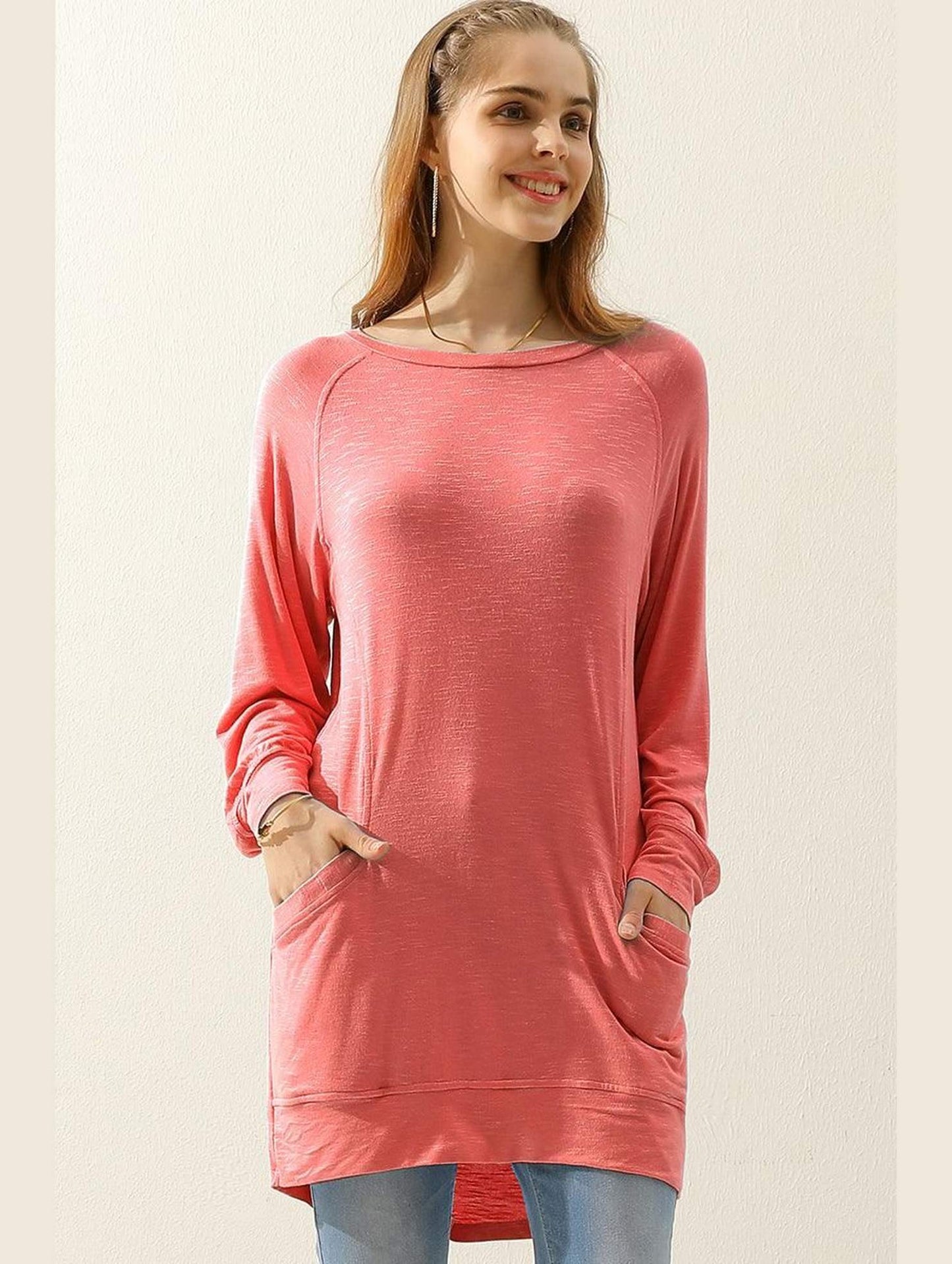 R NECK LONG SLEEVE SLUB LONG KNIT TOP WITH POCKETS - Doublju