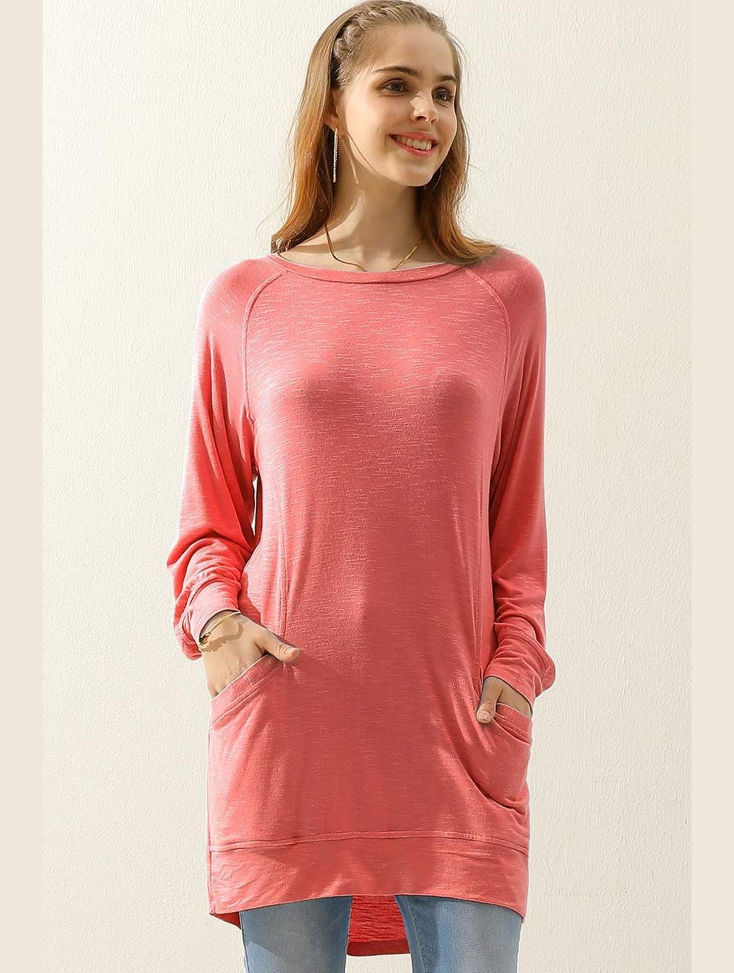 R NECK LONG SLEEVE SLUB LONG KNIT TOP WITH POCKETS - Doublju