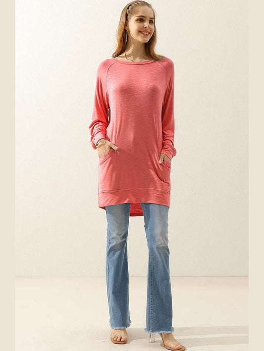 R NECK LONG SLEEVE SLUB LONG KNIT TOP WITH POCKETS - Doublju