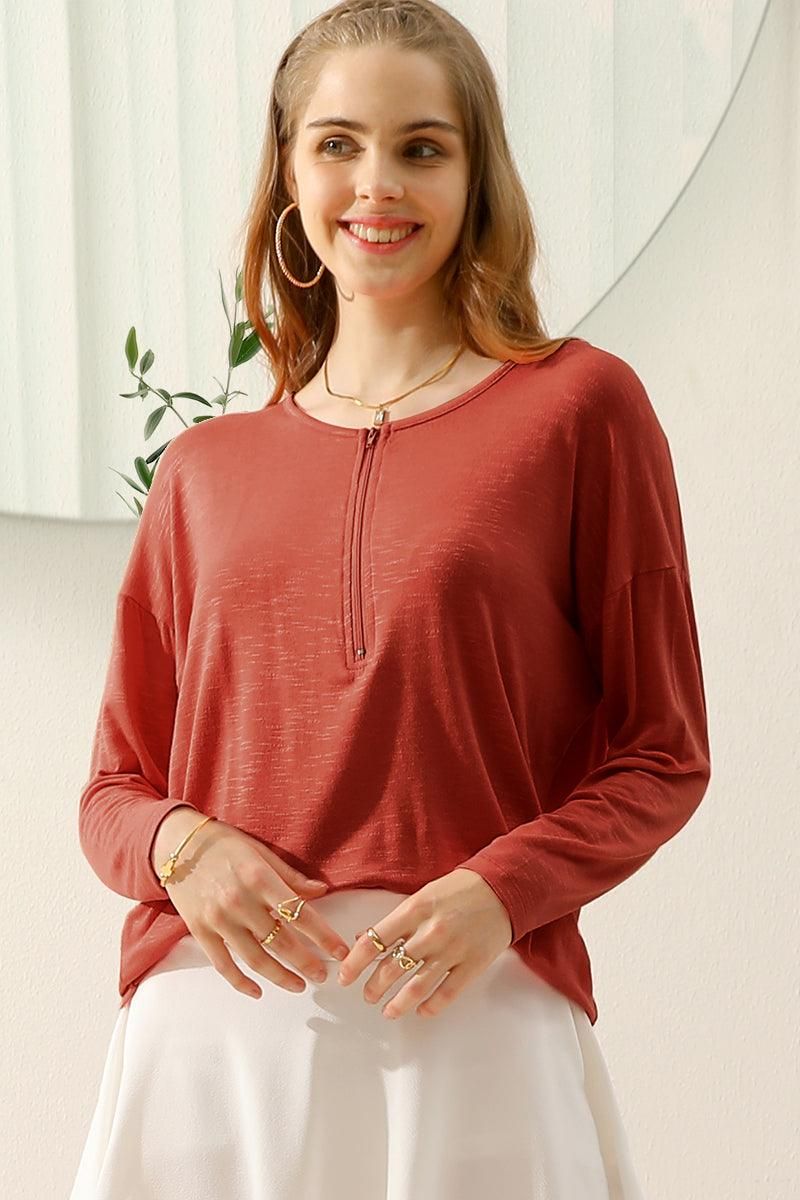 ZIP-UP R NECK LONG SLEEVE SLUB TUNIC TOP - Doublju