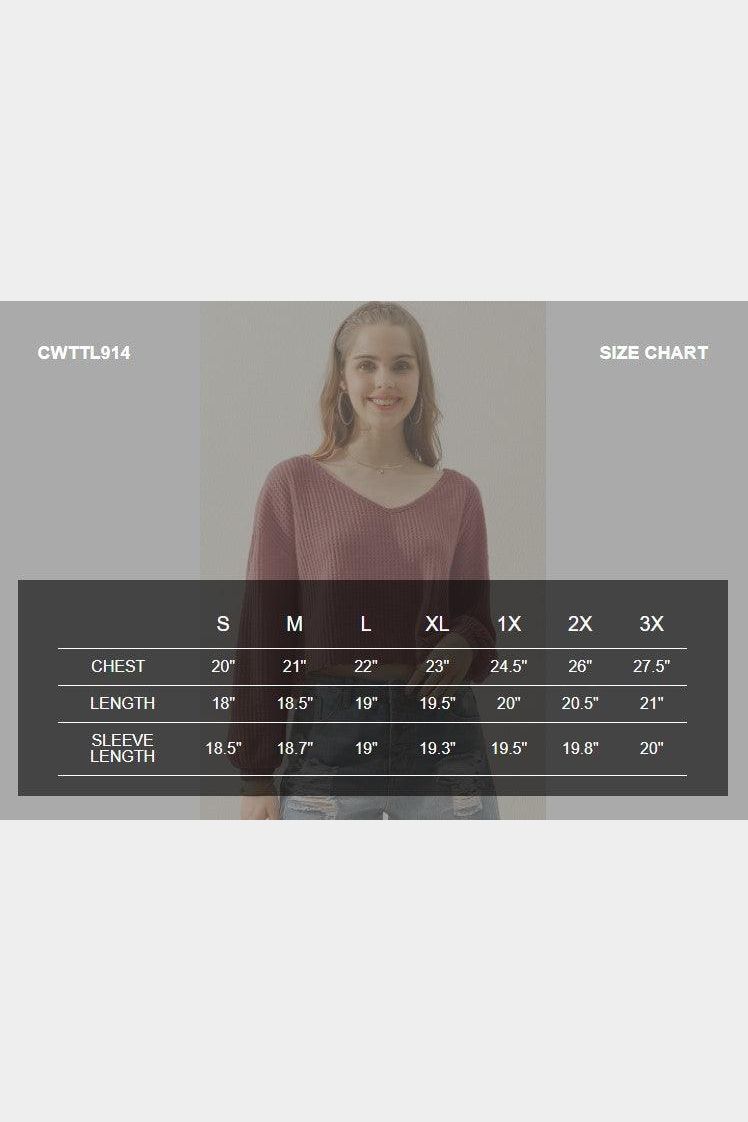 V NECK WAVE HEM SHORT CROP LONG SLEEVE TUNIC TOP - Doublju