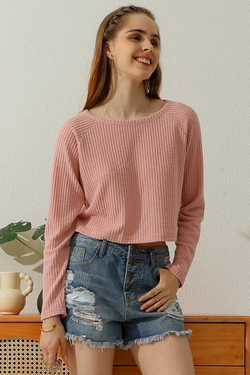 ROUND NECK TUNIC SHORT CROP LONG SLEEVE KNIT TOP - Doublju