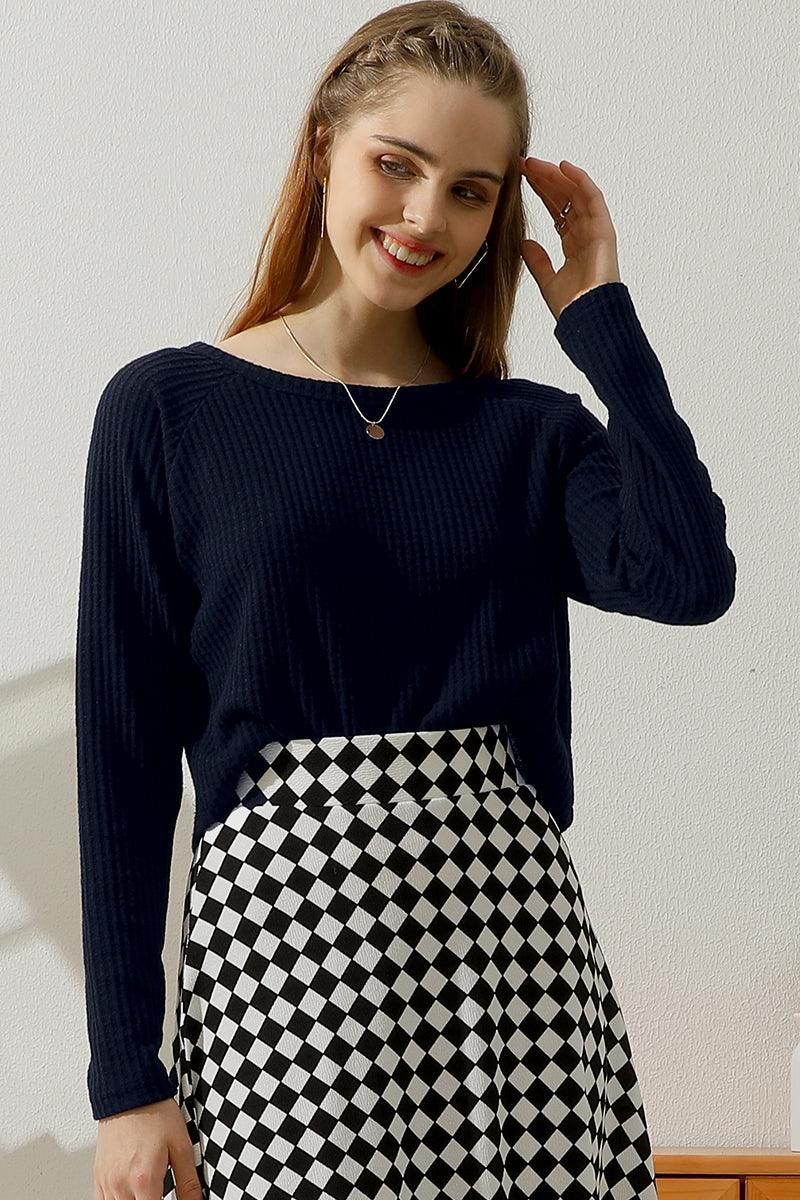 ROUND NECK TUNIC SHORT CROP LONG SLEEVE KNIT TOP - Doublju