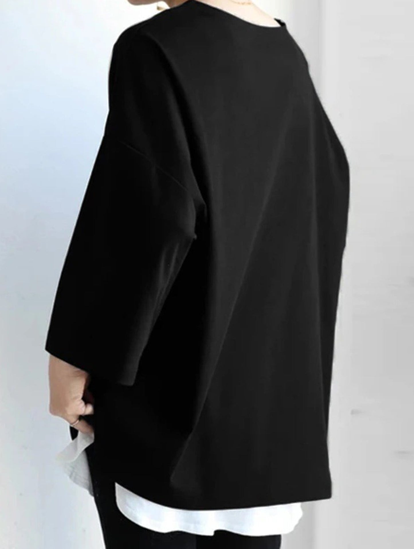 Solid color round neck slit long sleeve loose top