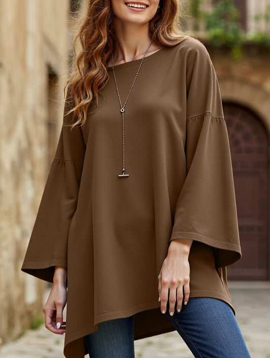 Solid color round neck slit long sleeve loose top