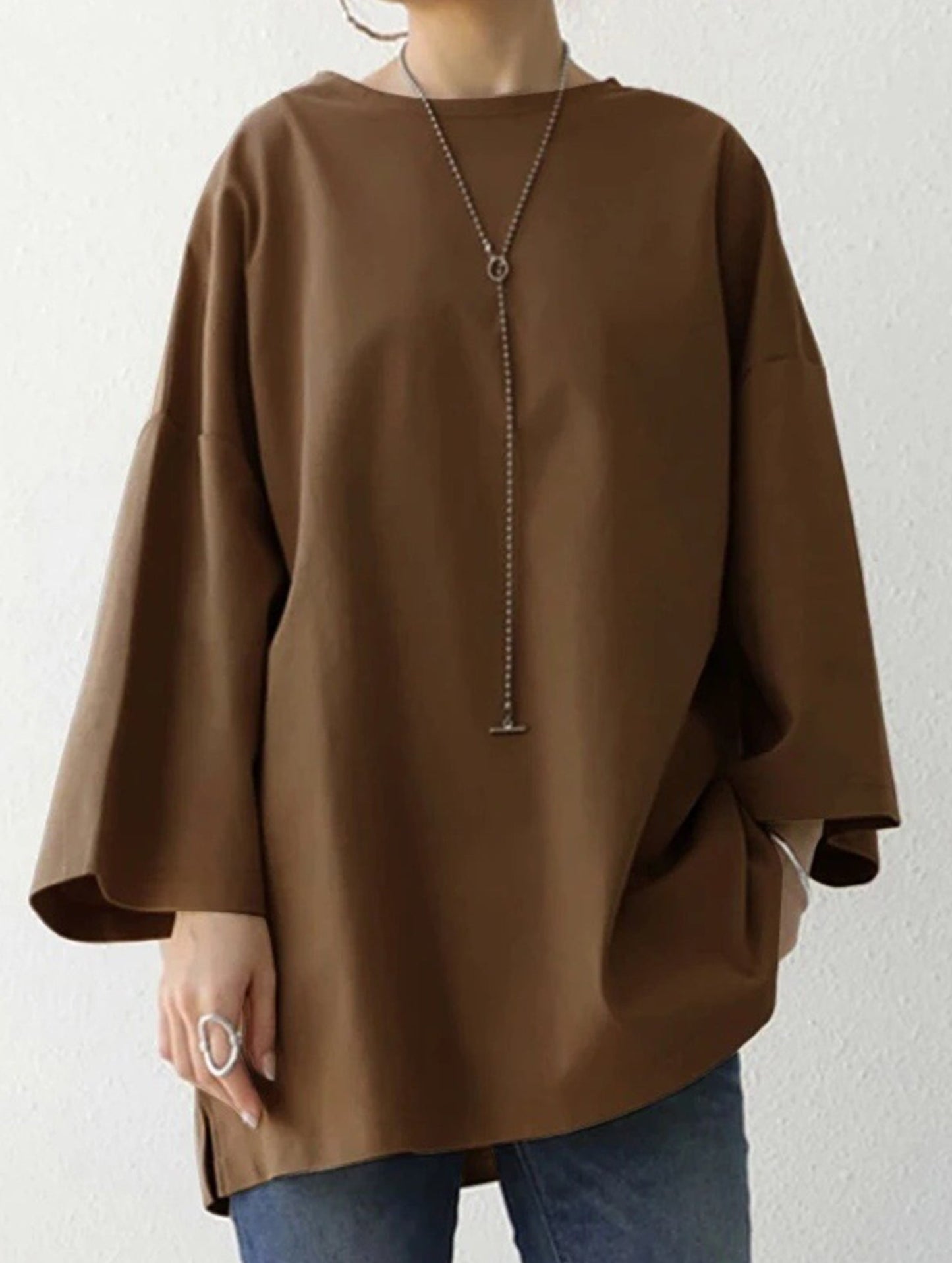 Solid color round neck slit long sleeve loose top
