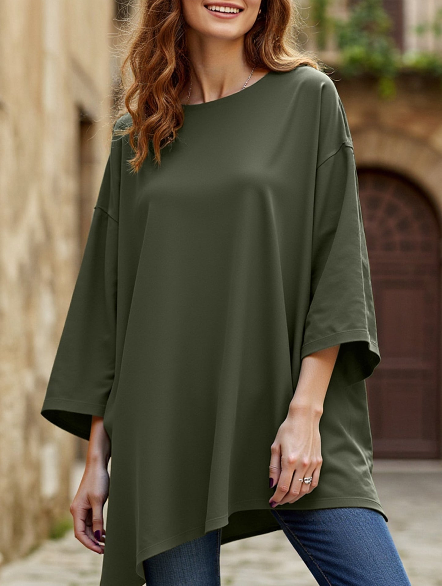 Solid color round neck slit long sleeve loose top