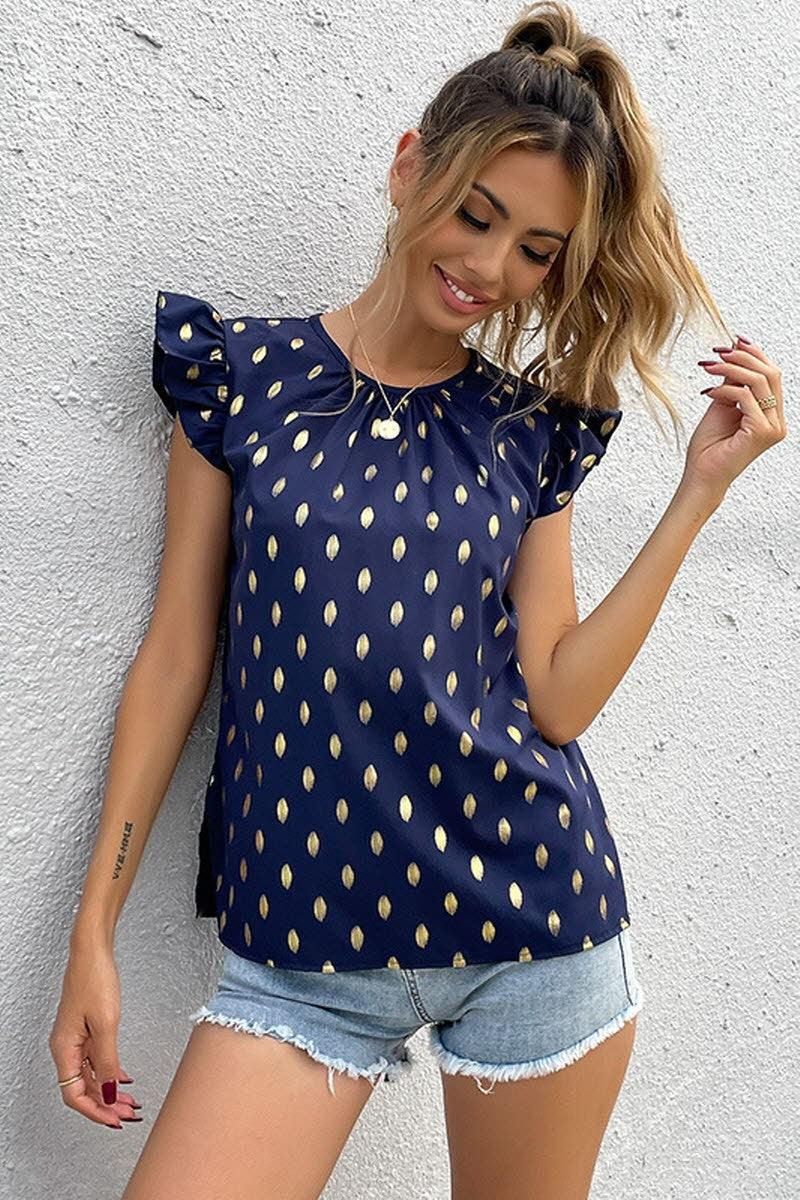 ROUND NECK LOTUS LEAF SLEEVES WAVE DOT TOP - Doublju