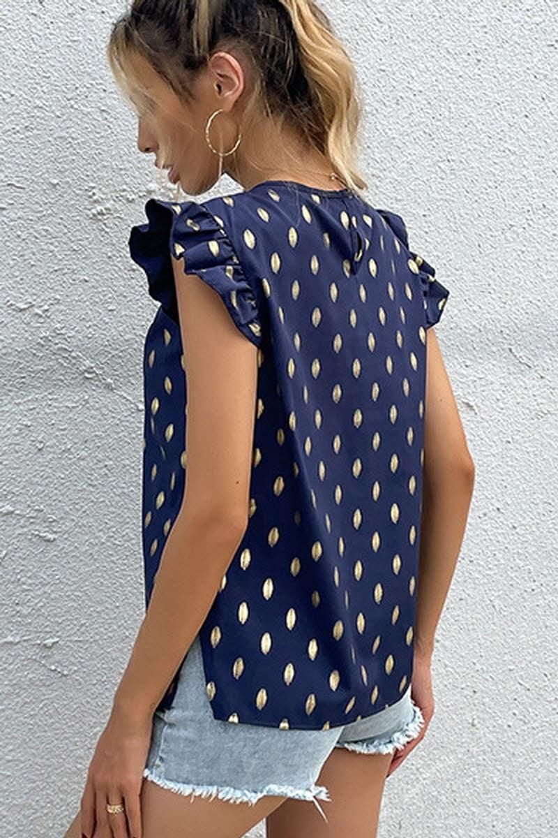 ROUND NECK LOTUS LEAF SLEEVES WAVE DOT TOP - Doublju