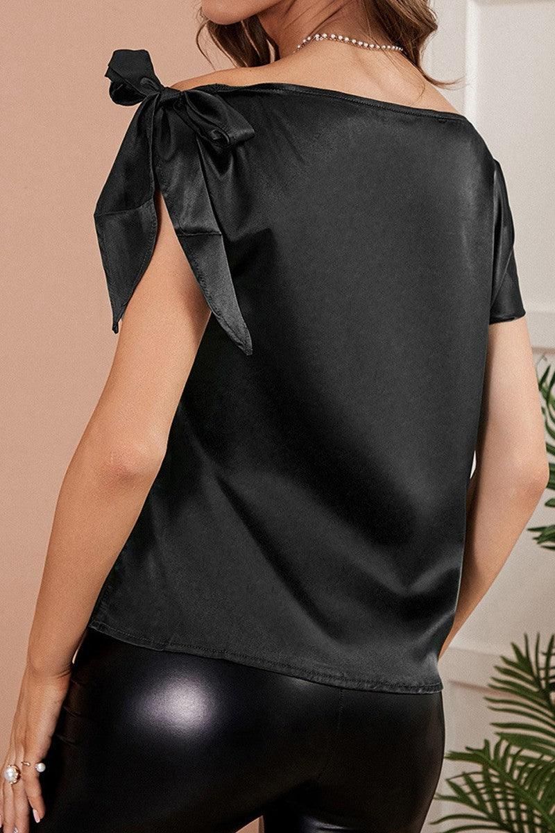 Short Sleeve One Shoulder Tied Silk Causal Top - Doublju