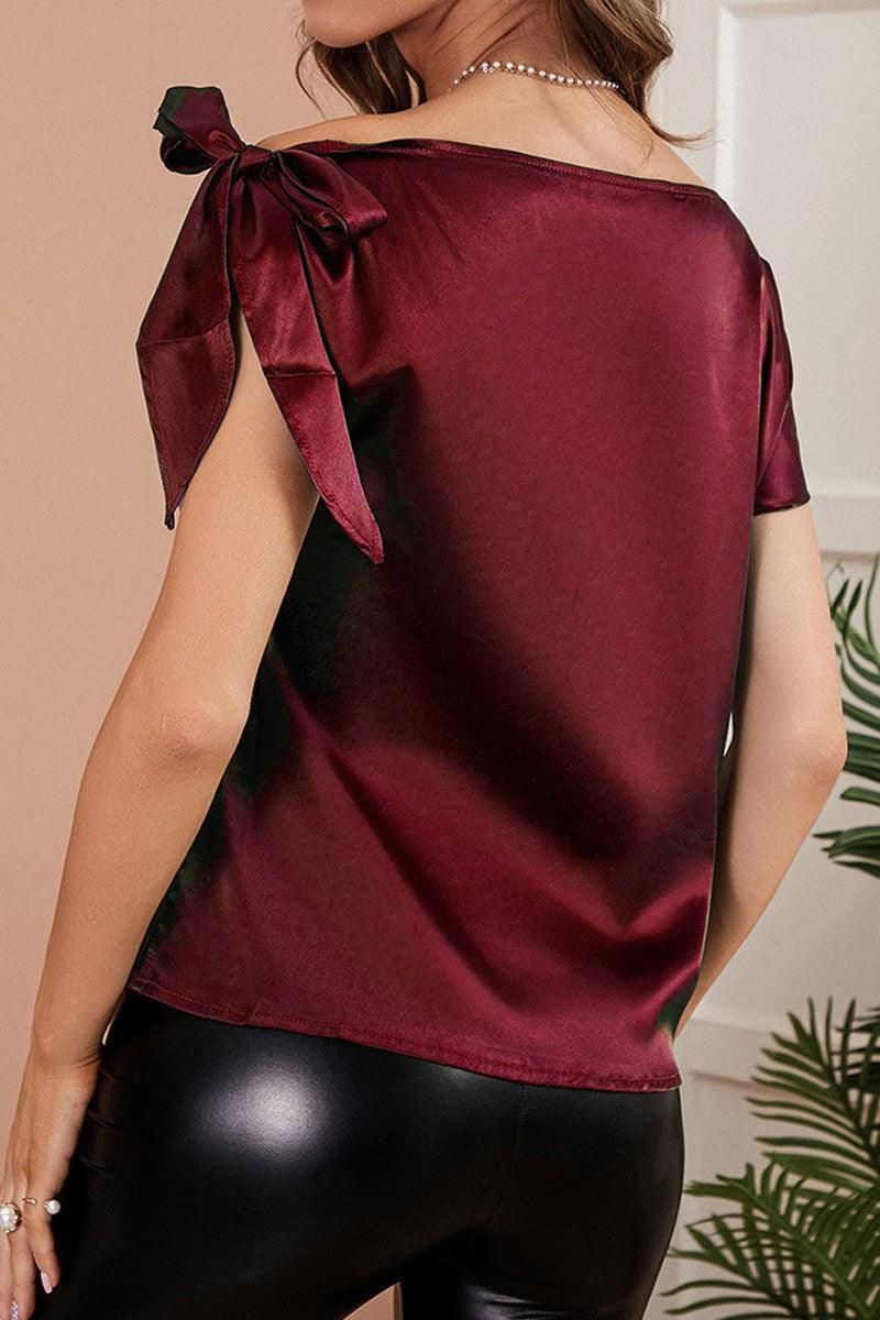 Short Sleeve One Shoulder Tied Silk Causal Top - Doublju