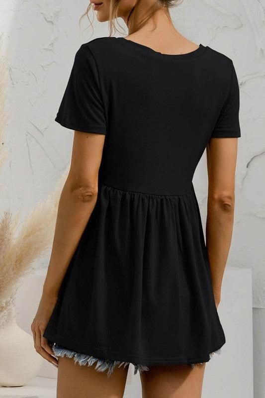 V NECK SHORT SLEEVED DOLL SHIRT TOP - Doublju