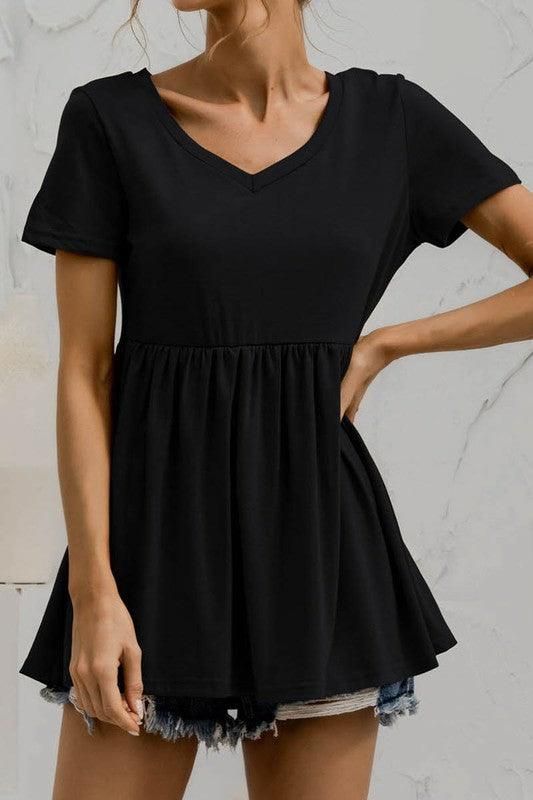 V NECK SHORT SLEEVED DOLL SHIRT TOP - Doublju