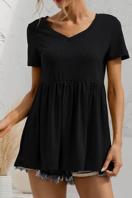 V NECK SHORT SLEEVED DOLL SHIRT TOP - Doublju