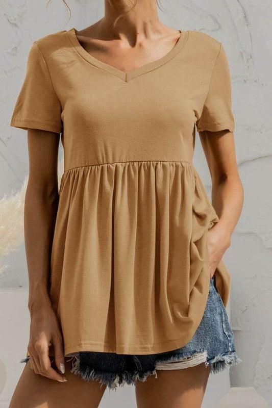 V NECK SHORT SLEEVED DOLL SHIRT TOP - Doublju