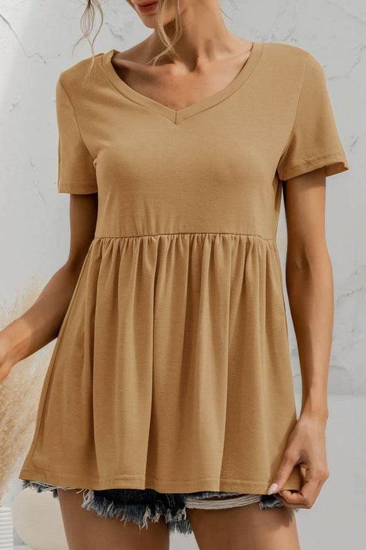 V NECK SHORT SLEEVED DOLL SHIRT TOP - Doublju