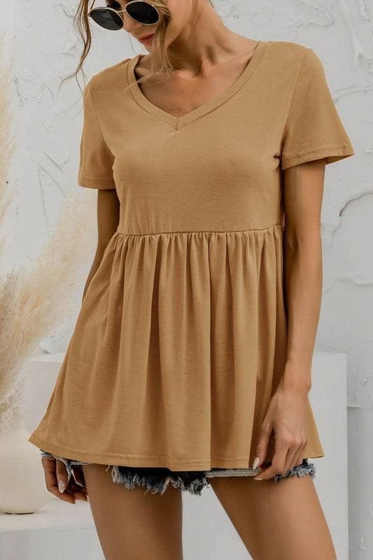 V NECK SHORT SLEEVED DOLL SHIRT TOP - Doublju