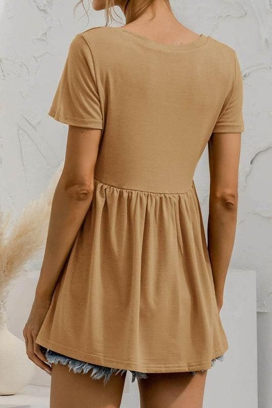 V NECK SHORT SLEEVED DOLL SHIRT TOP - Doublju