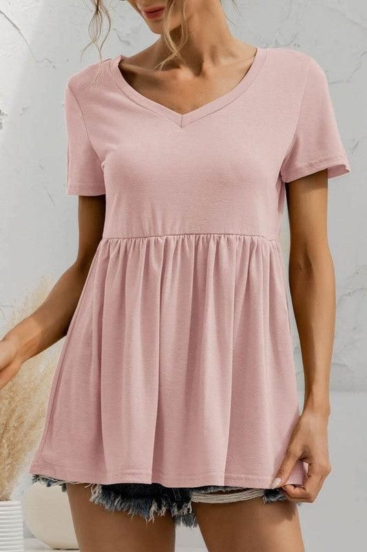 V NECK SHORT SLEEVED DOLL SHIRT TOP - Doublju