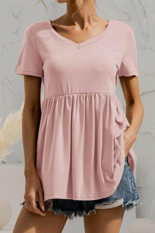 V NECK SHORT SLEEVED DOLL SHIRT TOP - Doublju