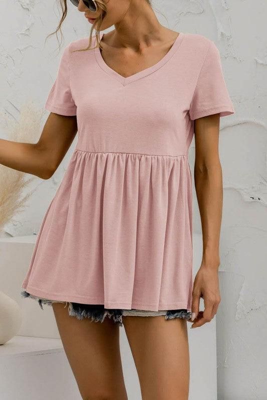 V NECK SHORT SLEEVED DOLL SHIRT TOP - Doublju