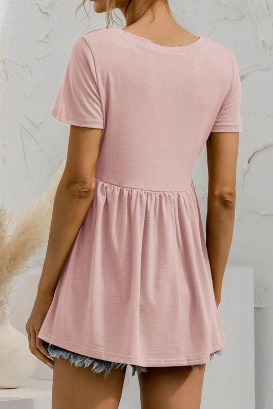 V NECK SHORT SLEEVED DOLL SHIRT TOP - Doublju