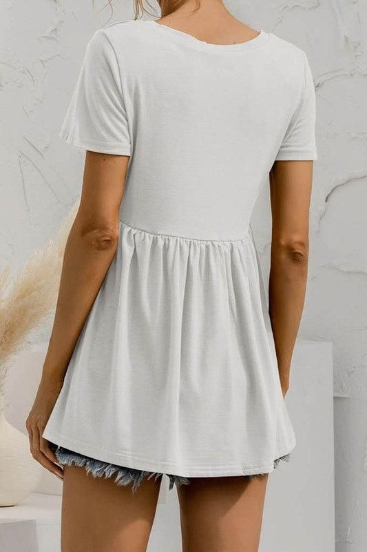 V NECK SHORT SLEEVED DOLL SHIRT TOP - Doublju