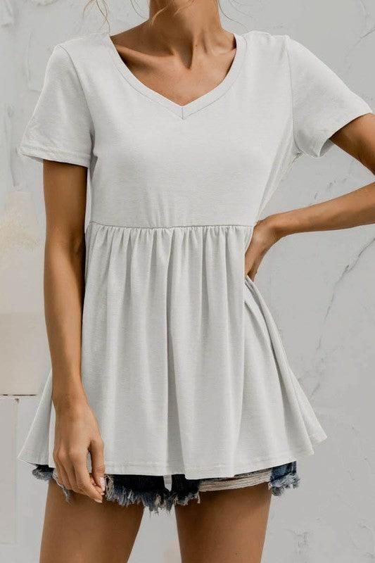 V NECK SHORT SLEEVED DOLL SHIRT TOP - Doublju