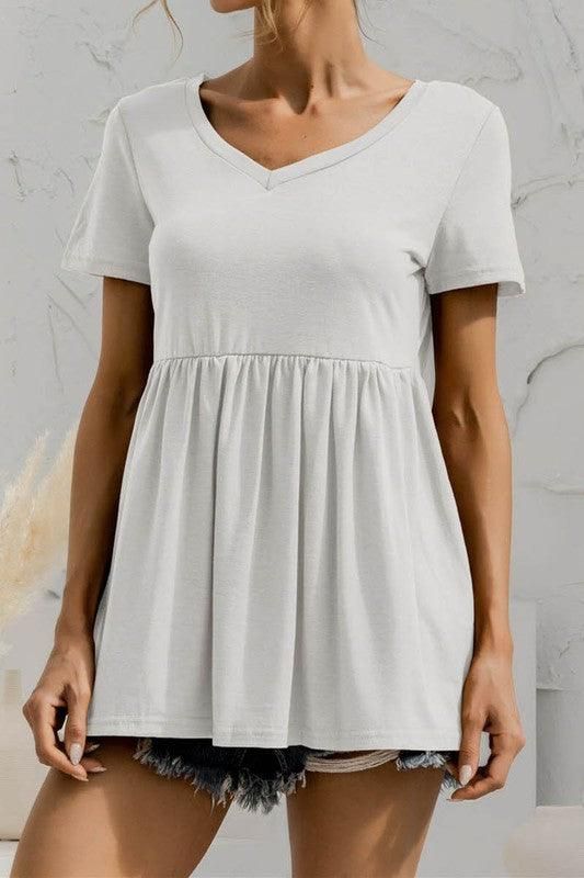 V NECK SHORT SLEEVED DOLL SHIRT TOP - Doublju
