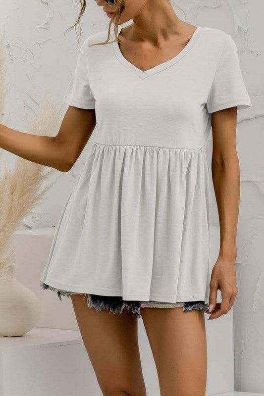 V NECK SHORT SLEEVED DOLL SHIRT TOP - Doublju