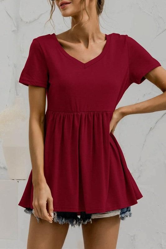 V NECK SHORT SLEEVED DOLL SHIRT TOP - Doublju